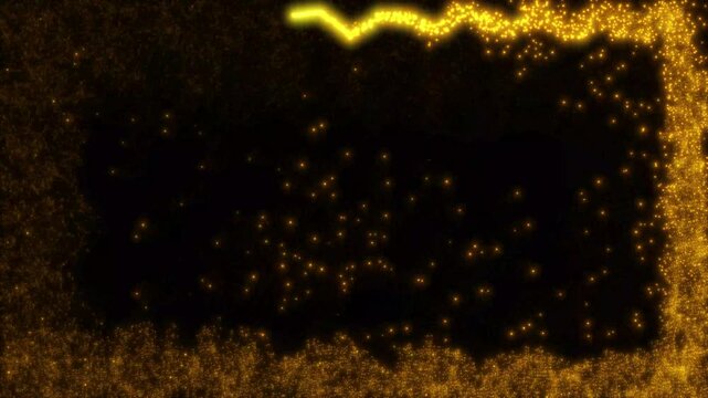 Magical gold particles border design on sparkling starry frame loop overlay, luxury festive celebration theme for award intros, elegant glowing backdrop visual on black background. 4k video