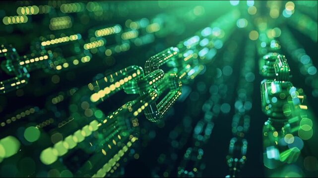 Seamless loop animation of a digital blockchain. Futuristic cryptocurrency and data security concept. Glowing green chain links on a dark background with bokeh effect.