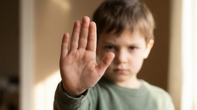 A young boy holds up his hand in a stopping gesture to signal protest and rejection.