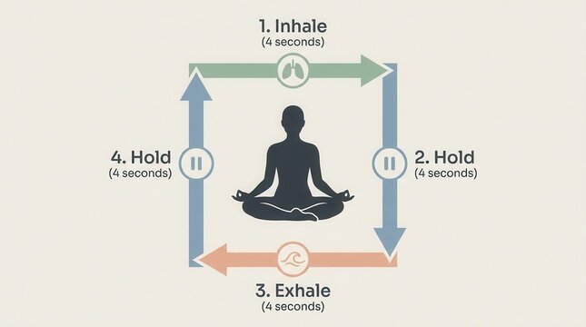 Diagram illustrating the four steps of box breathing technique with meditation icon.