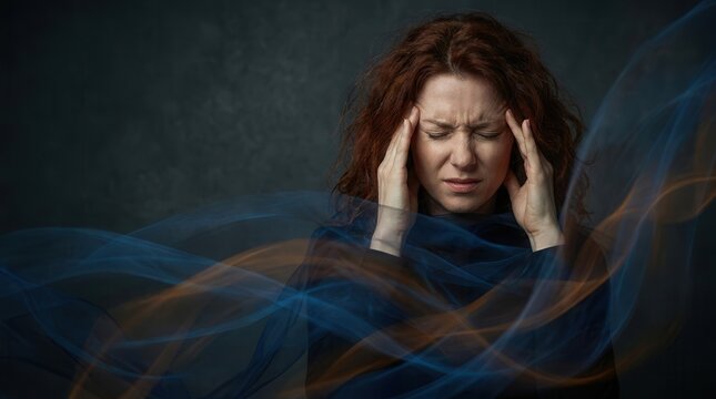 A person holding their head to visualize intrusive memory and anxiety with abstract waves.
