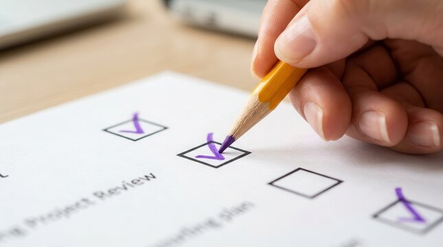 A close up of a yellow pencil marking a checklist for assessing project outcomes and continuous improvement.