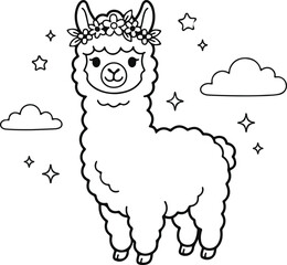 Fototapeta premium Cute Cartoon Fluffy Llama Wearing Beautiful Flower Crown with Clouds and Sparkly Stars Background Coloring Page Line Art Vector Illustration for Kids Activity Books