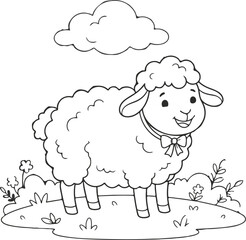 Obraz premium Cute Cartoon Fluffy Sheep Wearing Bow Tie Collar Standing on Meadow Grass with Flowers and Cloud Coloring Page Line Art Vector Illustration for Kids