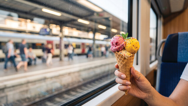 Hand Holding Colorful Ice Cream by Train Window with Blurred Railway Station Background