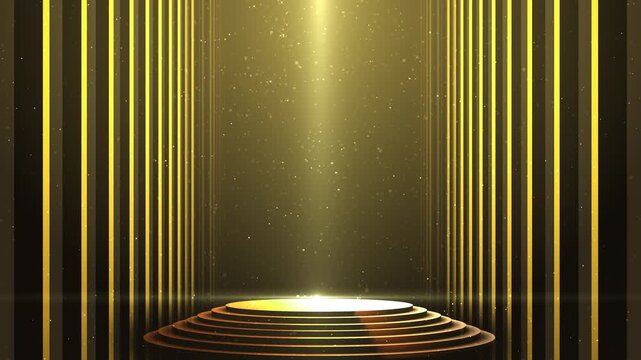 Luxury award platform visual with gold pillar lights, glowing round stage, glitter particles, and dramatic spotlight. Perfect for gala promos, winner titles, product launches, and motion overlays.