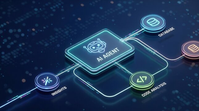Futuristic digital interface featuring an AI agent automation flowchart for workflow management.