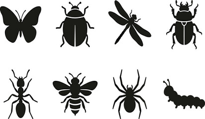 Insects and bugs vector silhouette set featuring butterfly ladybug dragonfly beetle ant bee spider and caterpillar icons (18 words) © MdFarhad