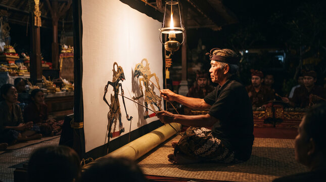 Balinese shadow puppet master performing behind linen screen