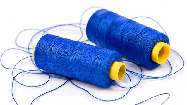 Two bright blue spools of sewing thread with yellow centers and loose strands on a white background