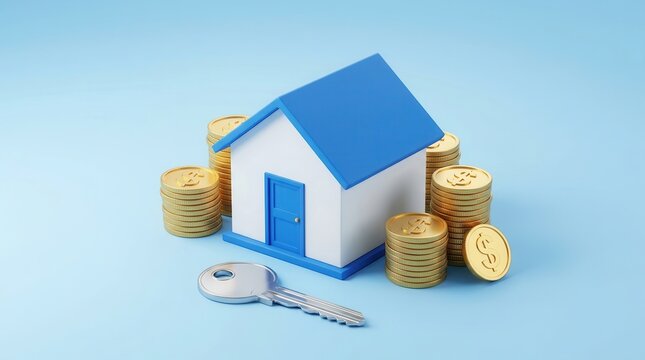 3D rendering of a house model with gold coins and keys representing real estate investment.