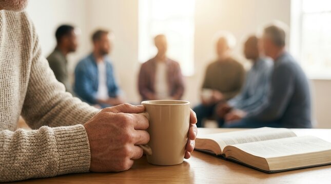 Male hands holding coffee cups during a men's breakfast Bible study session.