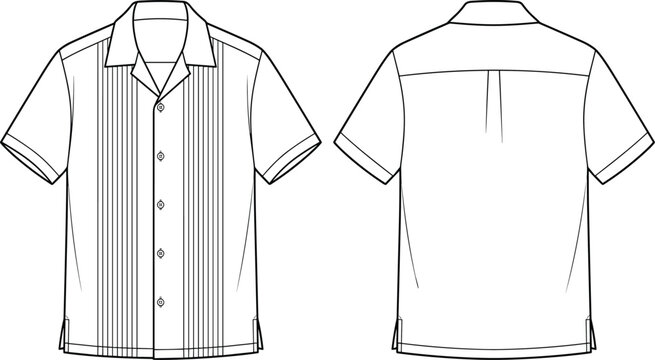 Technical fashion flat sketch of a short sleeve button up guayabera shirt with pintucks