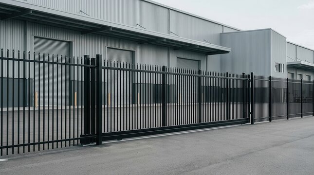 A sturdy metal gate provides industrial security for a facility with roll-up doors and corrugated siding.