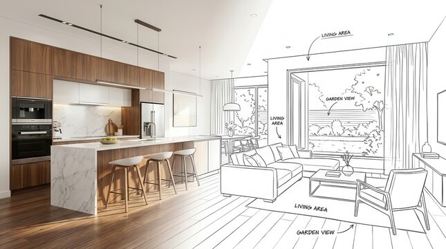 Modern kitchen and living room integration with a stylish open plan design.