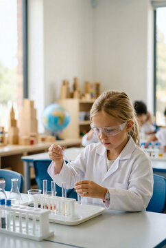 Young girl in a white lab coat and safety goggles conducting a chemistry experiment in a school classroom, using a pipette and test tubes for STEM learning