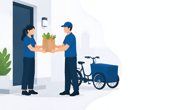 Delivery man giving a grocery bag full of fresh vegetables to a woman at her house with a cargo bike vector illustration