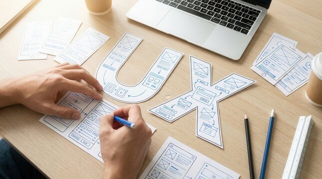UX designer creating a creative prototype for web and mobile phone application development.