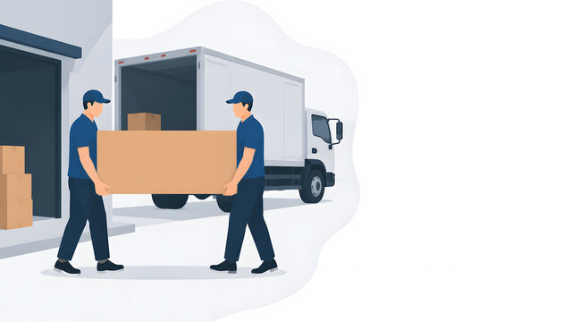 Two delivery men carrying a heavy cardboard box from a warehouse building to a white truck vector illustration