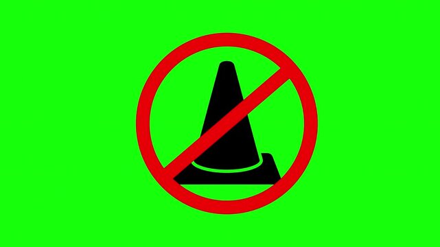 Traffic cones with prohibition signs on green screen background during daytime with a central focus