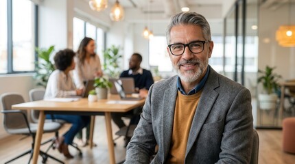 Fototapeta premium A mature Latin American man over fifty leads a bright team discussion in a modern office.