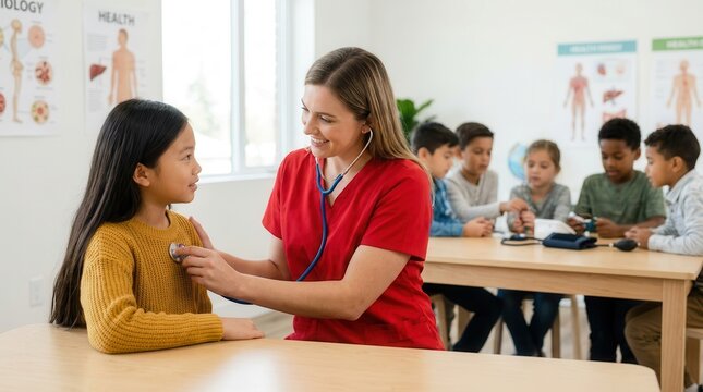 A Caucasian female medical professional uses a stethoscope to examine an Asian preteen girl in a classroom.
