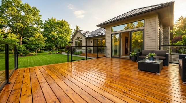 Luxurious outdoor living space featuring a serene backyard deck with rich wood tones and lush greenery.