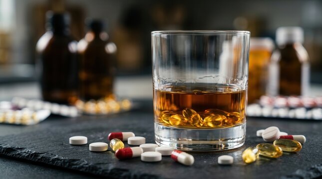 Dangerous combination of alcohol and medication shown on a table.