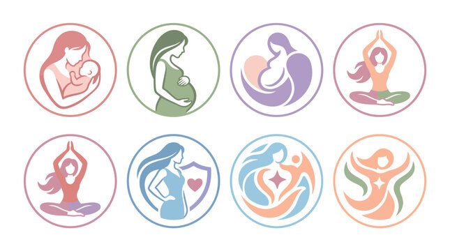 Pastel maternal icons depicting pregnancy yoga and infant care represent holistic feminine health.