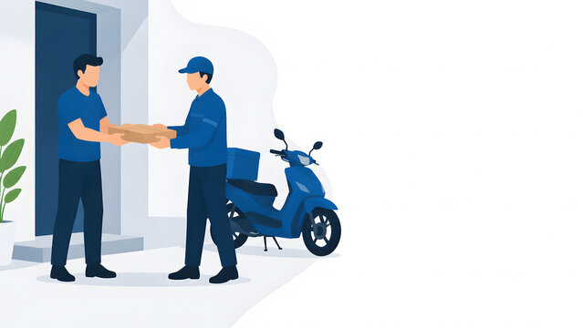 Courier delivering a parcel box to a male customer at his front door with a blue motorcycle vector illustration