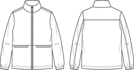 Technical fashion flat sketch of a zip up windbreaker jacket with stand collar © Mdjoshel 