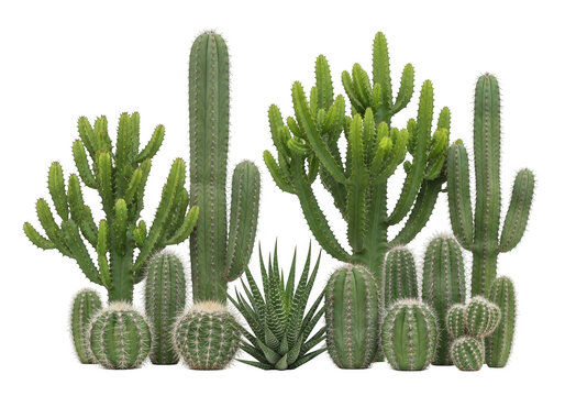 Collection of various desert cactus plants isolated on transparent background