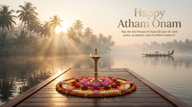 Happy atham onam celebration with traditional nilavilakku lamp with floral pookalam wooden