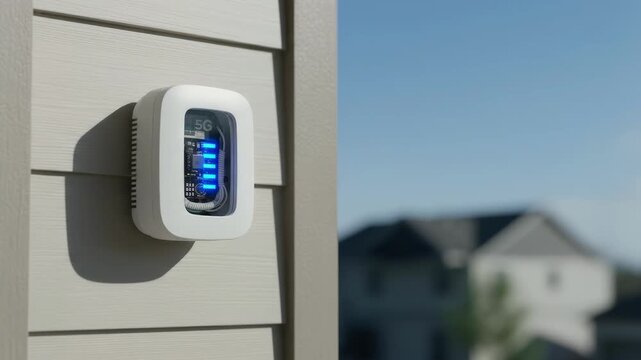 Outdoor medium shot of a 5G antenna mounted on home siding focused gateway hardware and illuminated signal bars against a softfocus blue sky and rooftops.