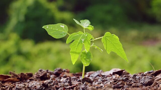 Close View of a Young Papaya Seedling with Water Droplets Growing in Moist Soil, Tropical Gardening, New Life, Healthy Growth, and Sustainability