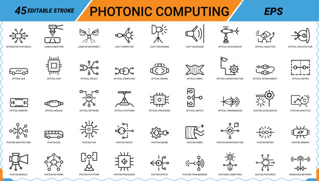 Photonic computing icon set for optical hardware architecture light processing and circuits.
