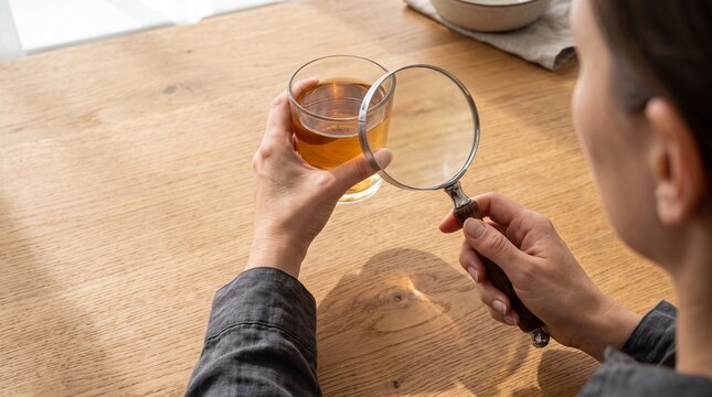 Woman examines glass of dirty water with magnifying glass. Analysis of contaminated liquid for safety and pollution check.