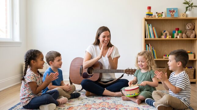 Kindergarten teacher clapping with group of diverse children playing music in classroom. Girl and boy singing song with tutor in preschool. Early childhood education and development.