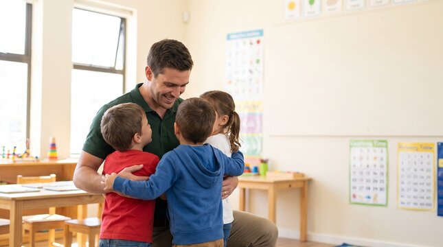 Kindergarten teacher hugging group of kids in classroom. Happy man educator bonding with preschool student.