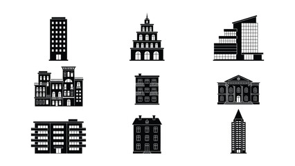 Collection of various architectural building styles in monochrome silhouette design © SHOFIQUL