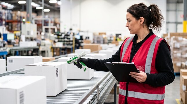 Female warehouse worker scanning barcode on cardboard box with digital scanner. Logistics specialist working in distribution center. Inventory management and shipping supply chain process.