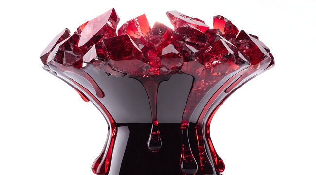 Surreal red crystal sculpture with glossy liquid glass crown and elegant luxury abstract form