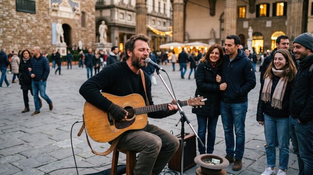 Street Musician Performing Live in Busy Square at Dusk in Italy