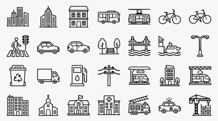 Professional Black and White Line Icons Set Featuring Urban Infrastructure Vehicles Buildings and Services © Andi
