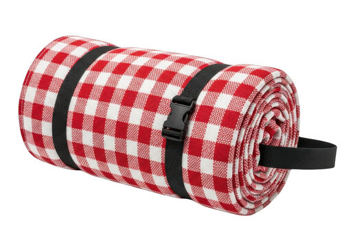 Rolled red and white checkered picnic blanket with black straps isolated on transparent background