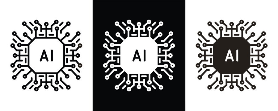 Artificial intelligence AI processor chip icon, AI CPU black line icon, vector illustration