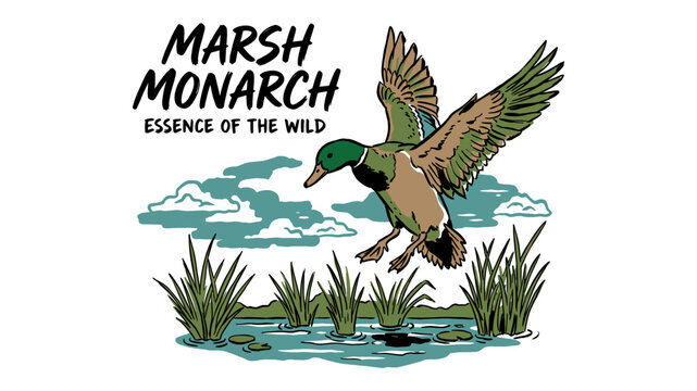 Vintage Flying Mallard Duck Hunting Illustration with Marsh Monarch Typography and Wilderness Landscape for T-shirt Design Print and Apparel