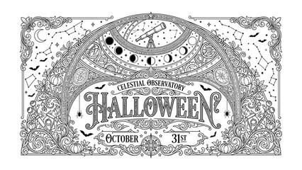 Celestial Observatory Halloween Invitation: A highly detailed, vintage-style illustration depicting an ornate observatory scene with celestial bodies, bats, and pumpkins, promoting a Halloween event.