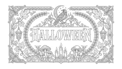 Obraz premium Spooky Halloween Vignette: An intricate black and white illustration captures the essence of Halloween with a raven perched atop a crescent moon, surrounded by ornate decorative elements.