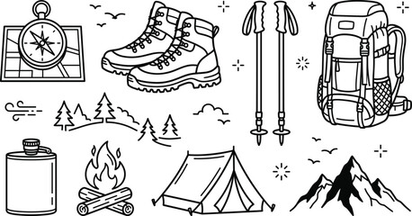 Hiking and camping gear icons set with backpack tent boots compass map trekking poles campfire mountains and flask © MdShakib